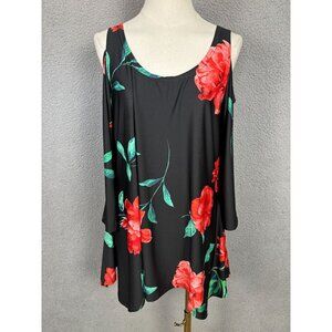 White Mark Women's Black Floral Cold Shoulder Tunic Top Size Large NWOT's